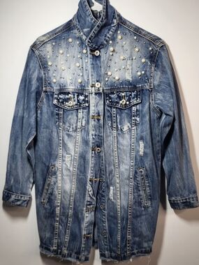 Denim Pearl-Embellished Long Jacket - Blue